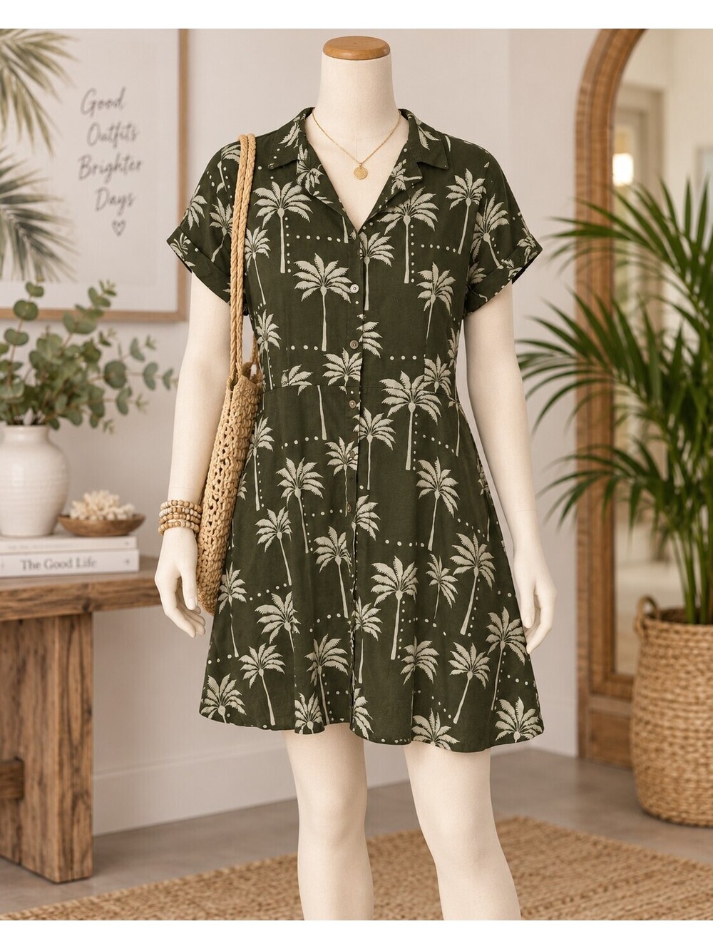 Nicole miller green dress w/ palm trees
